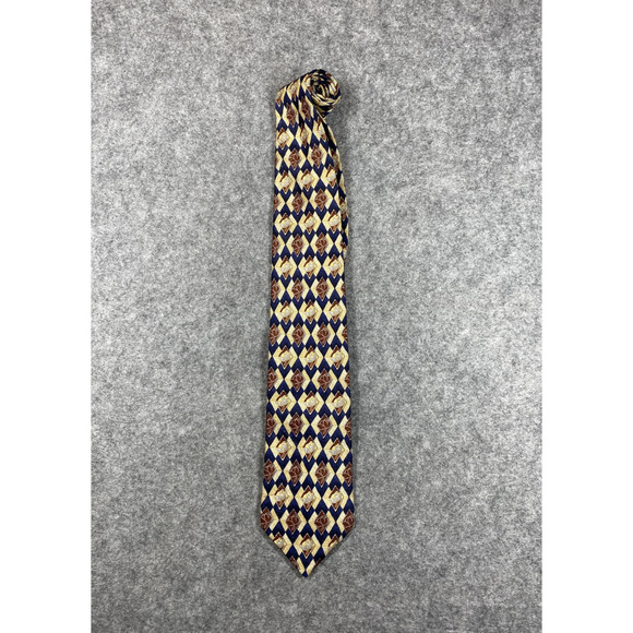 Ermenegildo Zegna Tie Mens Navy Gold Brown Silk Made in Italy Diamond Pattern - Picture 1 of 14